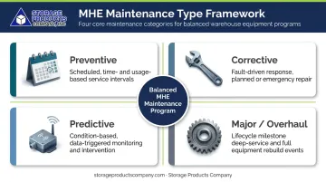 Four MHE maintenance types framework preventive corrective predictive and overhaul
