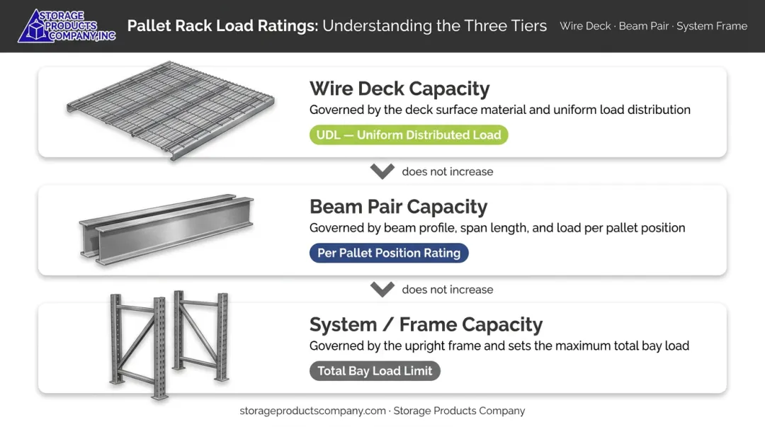 Three-tier pallet rack load rating hierarchy deck beam and system capacity