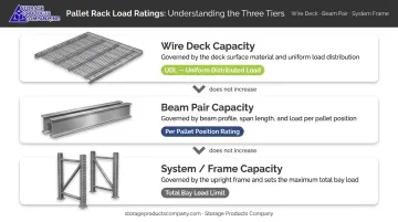 Three-tier pallet rack load rating hierarchy deck beam and system capacity