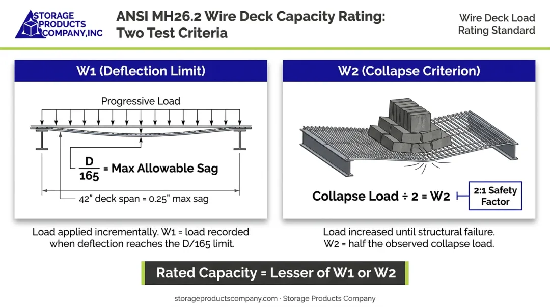 ANSI MH26.2 wire deck W1 deflection and W2 collapse rating test criteria diagram