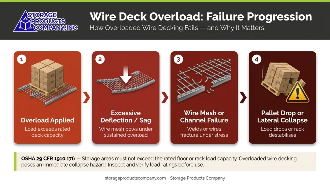 Wire deck overload failure sequence from deflection sag to structural collapse hazard