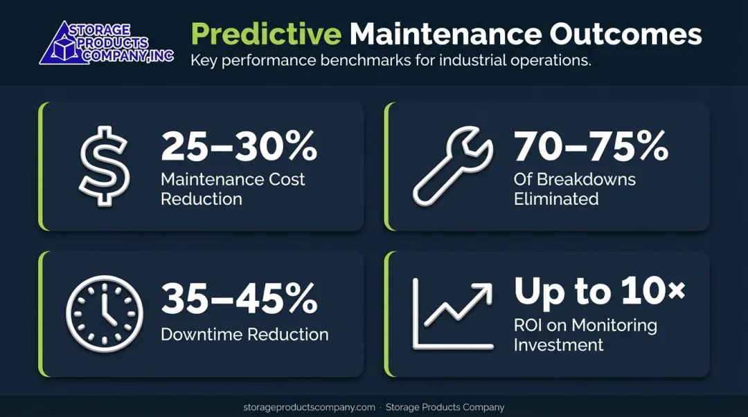 Predictive maintenance program ROI statistics showing cost reduction and uptime improvement
