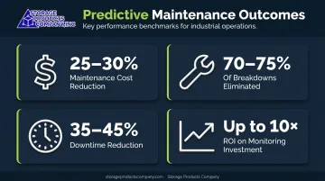 Predictive maintenance program ROI statistics showing cost reduction and uptime improvement