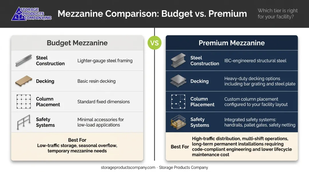 Budget versus premium mezzanine side-by-side feature and lifecycle cost comparison