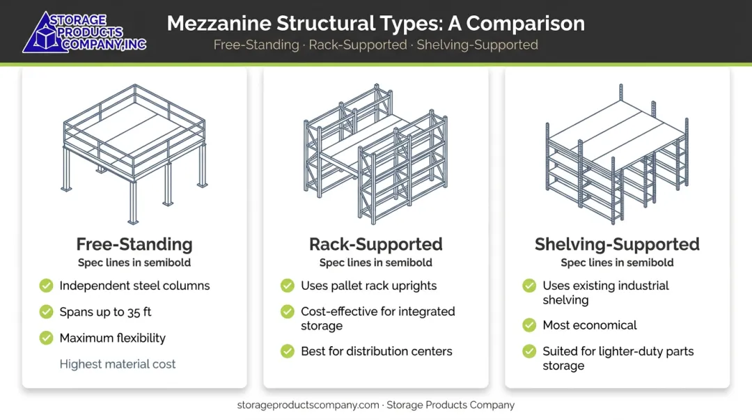 Three mezzanine structural types free-standing rack-supported and shelving-supported comparison