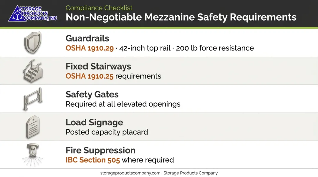 Mezzanine OSHA and IBC safety compliance requirements checklist infographic