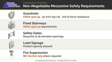 Mezzanine OSHA and IBC safety compliance requirements checklist infographic