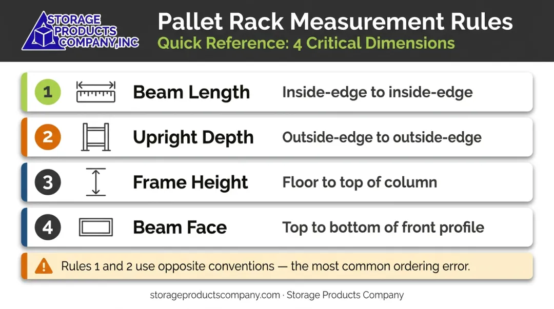 Four pallet rack measurement rules beam upright frame and face height