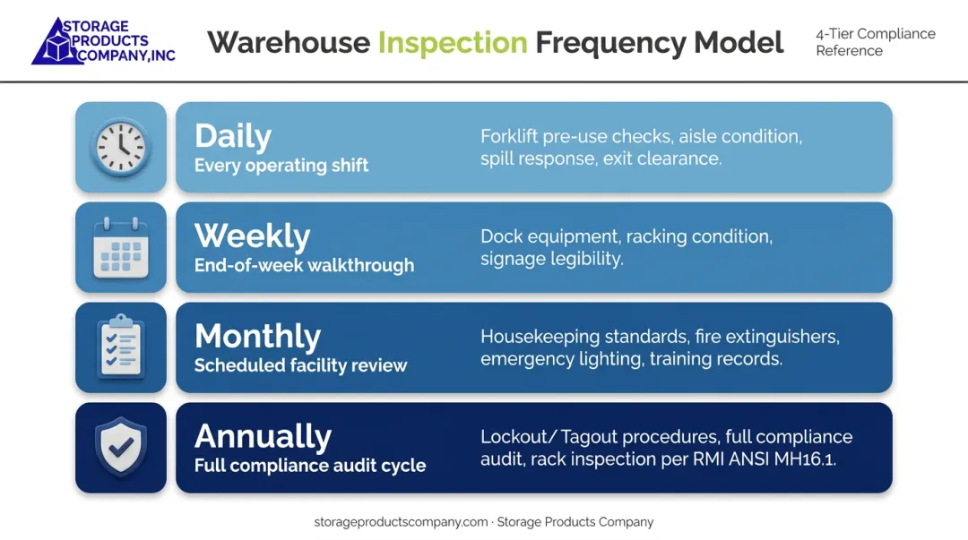 Four-tier warehouse safety inspection frequency model daily to annual schedule