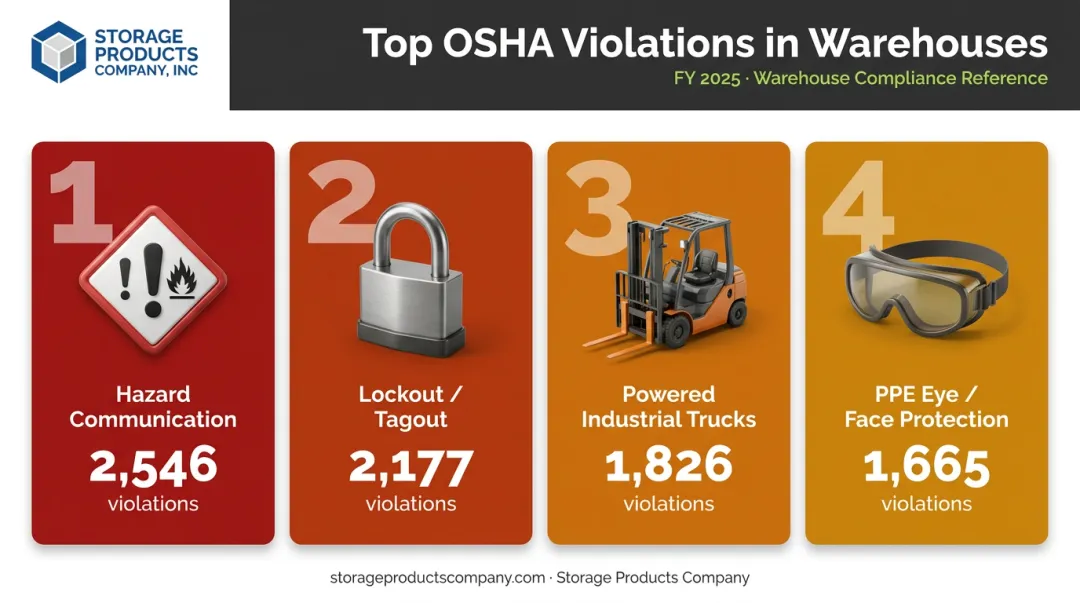 Top 4 OSHA warehouse violation categories with citation counts ranked infographic