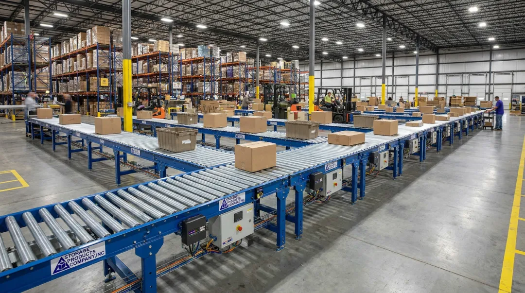 Motorized drive roller MDR conveyor system with zone accumulation in distribution center