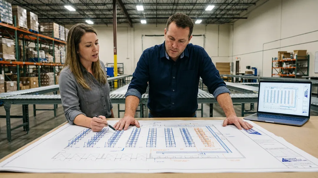 Warehouse operations manager reviewing conveyor layout plans to avoid costly planning mistakes