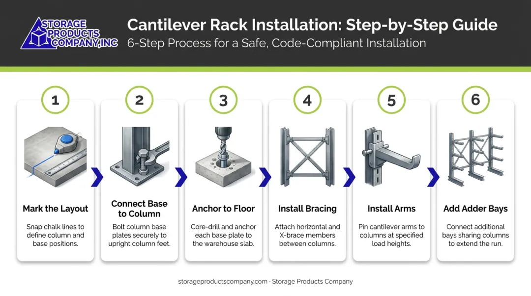 6-step cantilever rack installation process flow from layout to adder bays