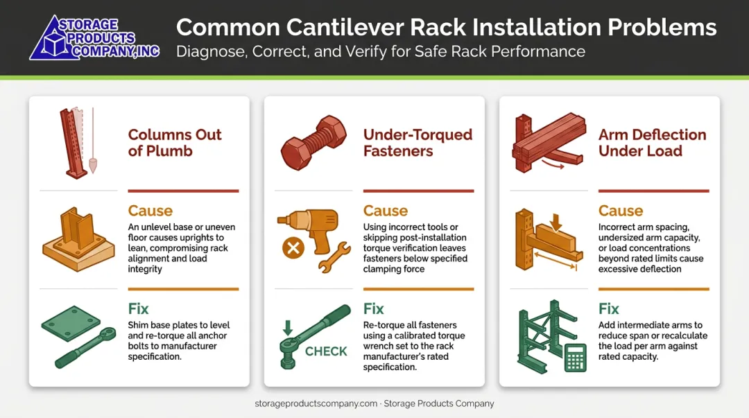 Three common cantilever rack installation problems causes and fixes comparison infographic