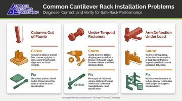 Three common cantilever rack installation problems causes and fixes comparison infographic