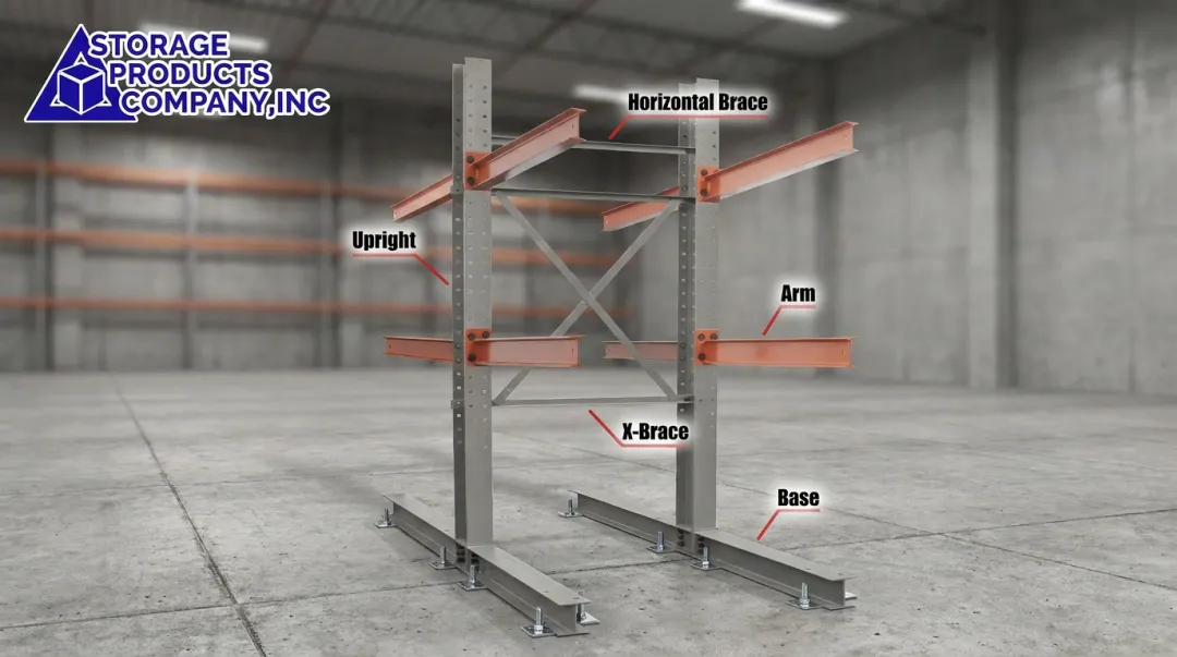 Cantilever rack components including base plates columns arms and bracing hardware