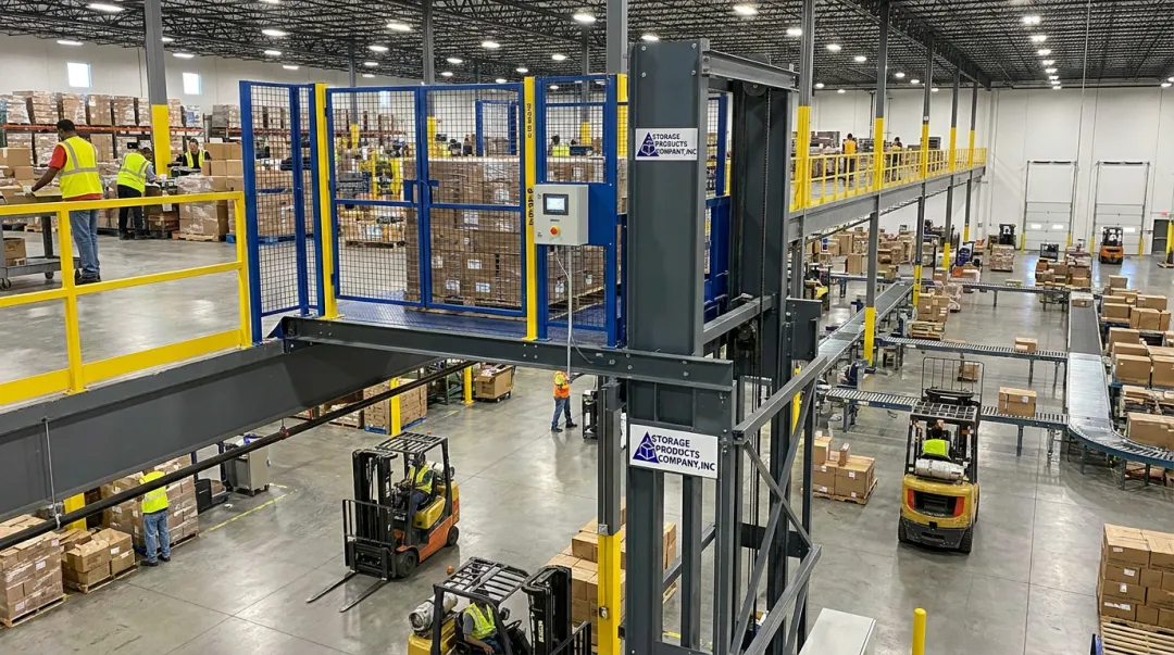 Pflow Industries VRC material lift installed on warehouse mezzanine level