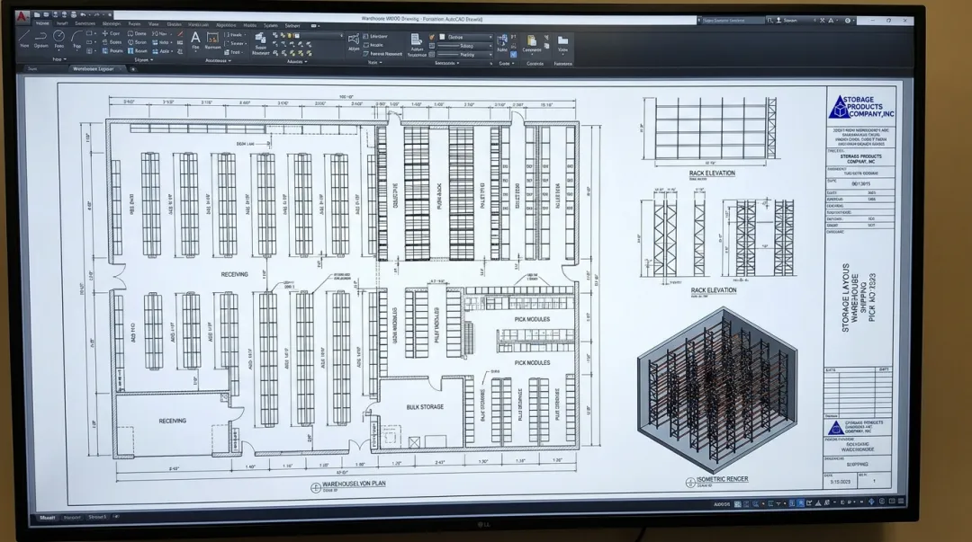 AutoCAD warehouse layout plan showing rack elevations aisle configurations and storage zones