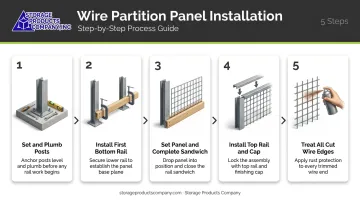 5-step wire mesh deck railing installation process flow from posts to edge treatment