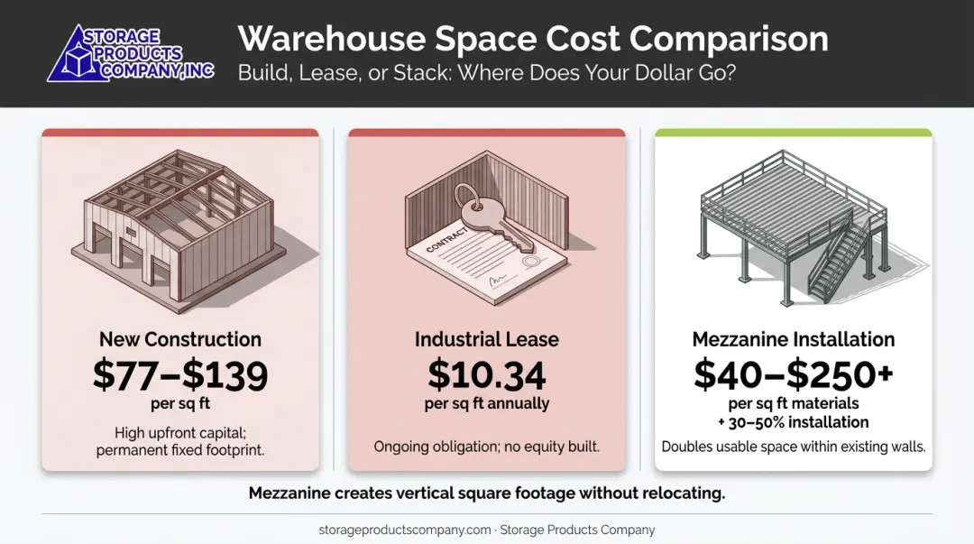 Mezzanine installation cost versus new construction and industrial lease cost comparison
