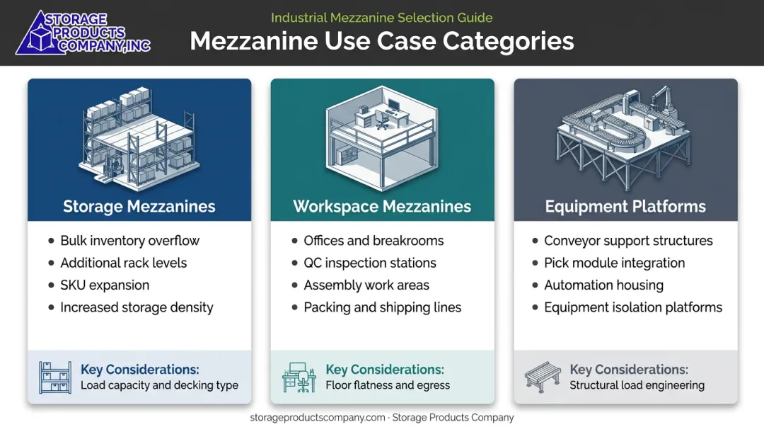 Industrial mezzanine use case comparison storage workspace and equipment platform applications