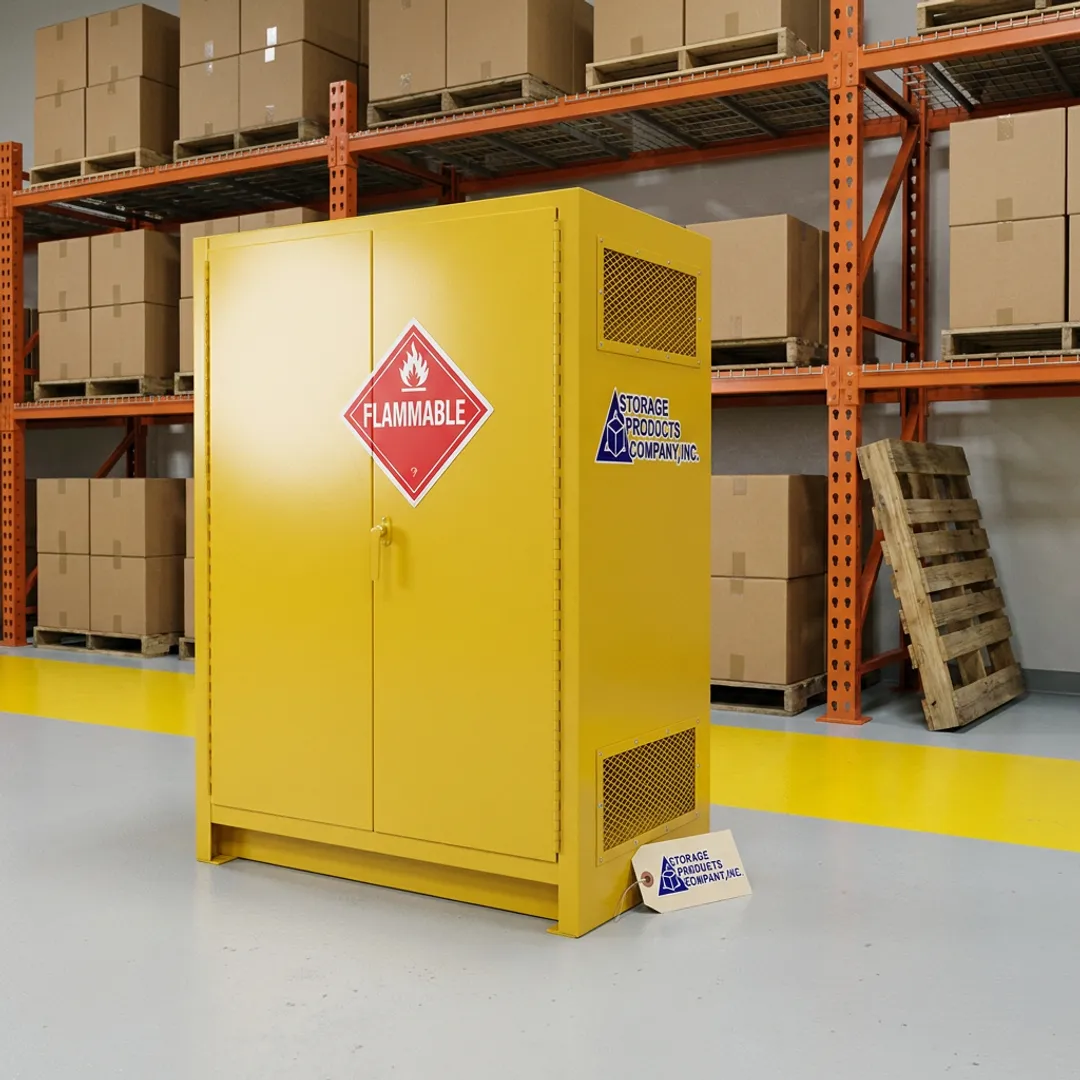 Flammable storage cabinet in an industrial warehouse