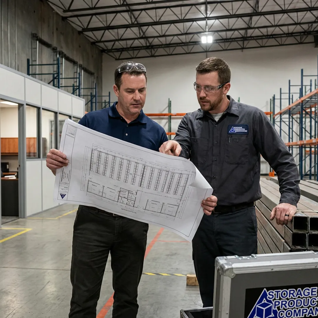 Installer reviewing modular office plans in a facility