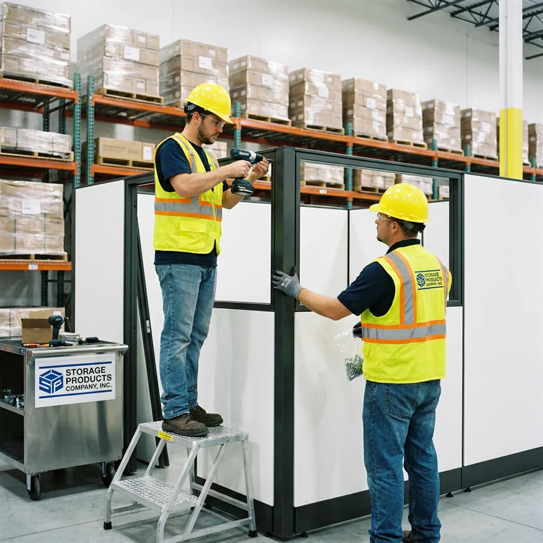 Modular office being installed inside a warehouse