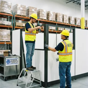 Modular office being installed inside a warehouse