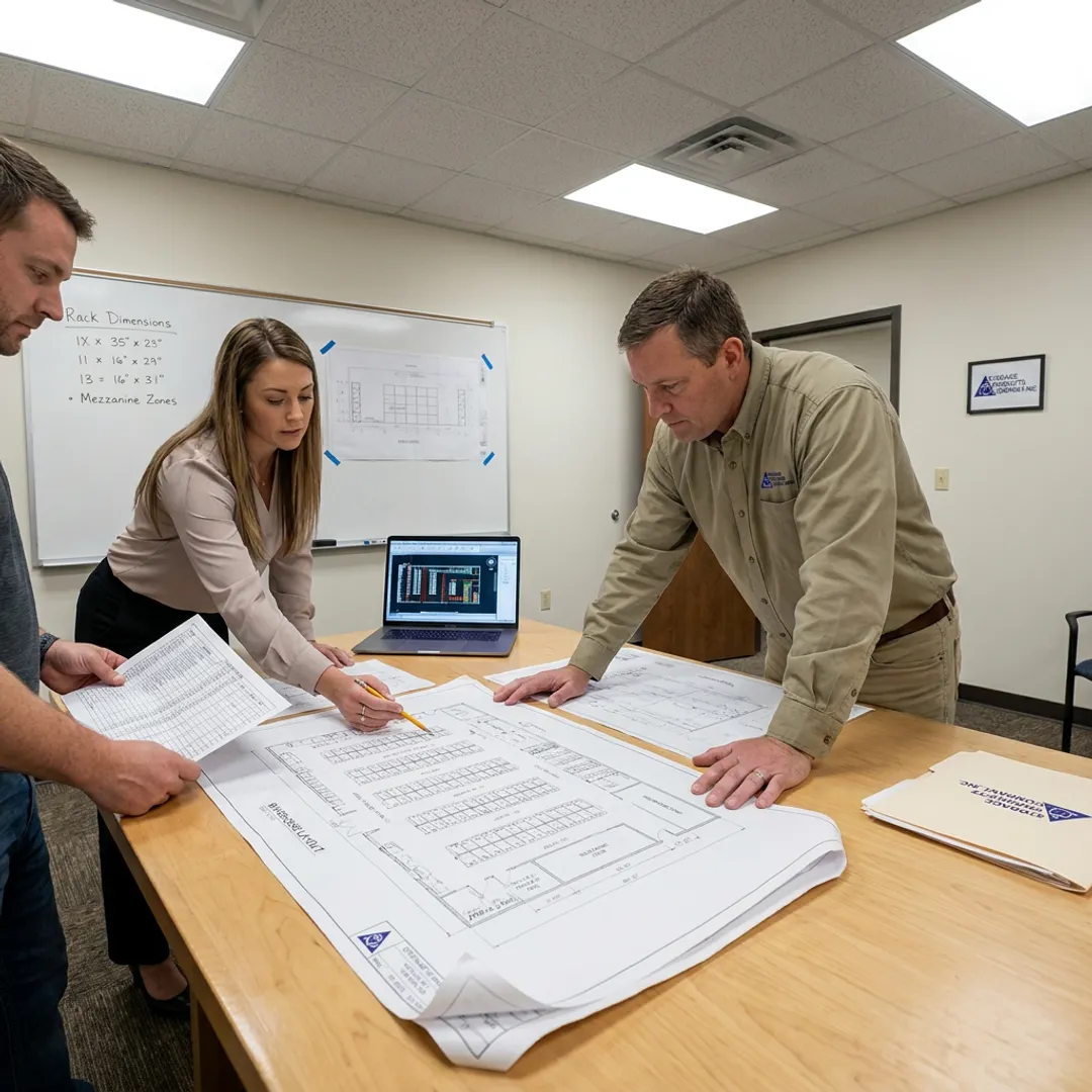 Team reviewing modular office layout plans