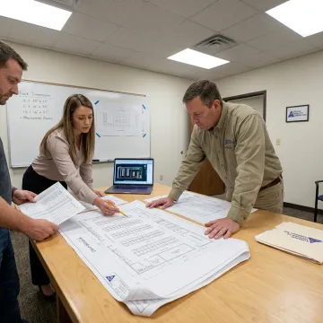Team reviewing modular office layout plans