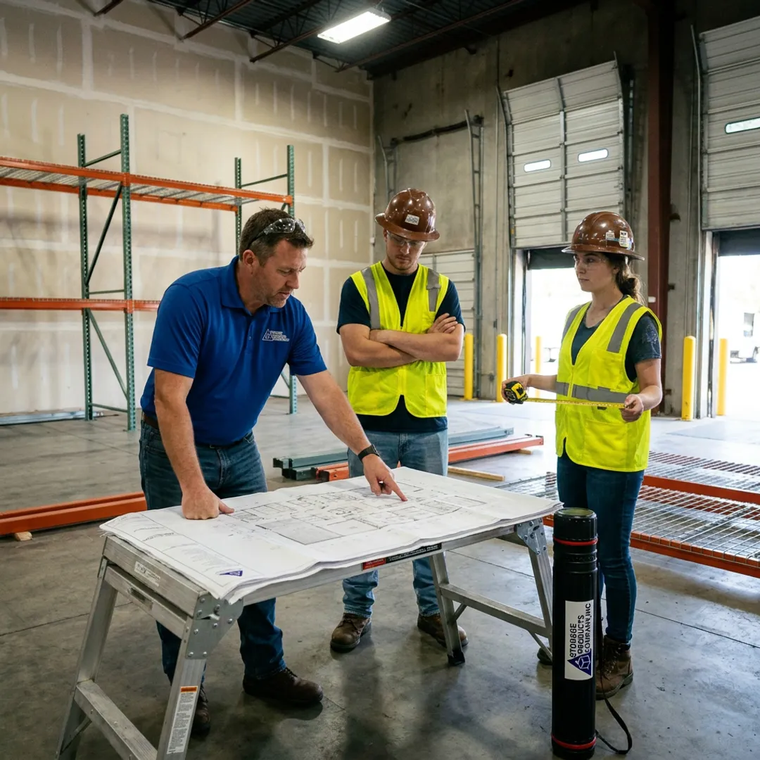 Equipment installation team reviewing warehouse layout plans