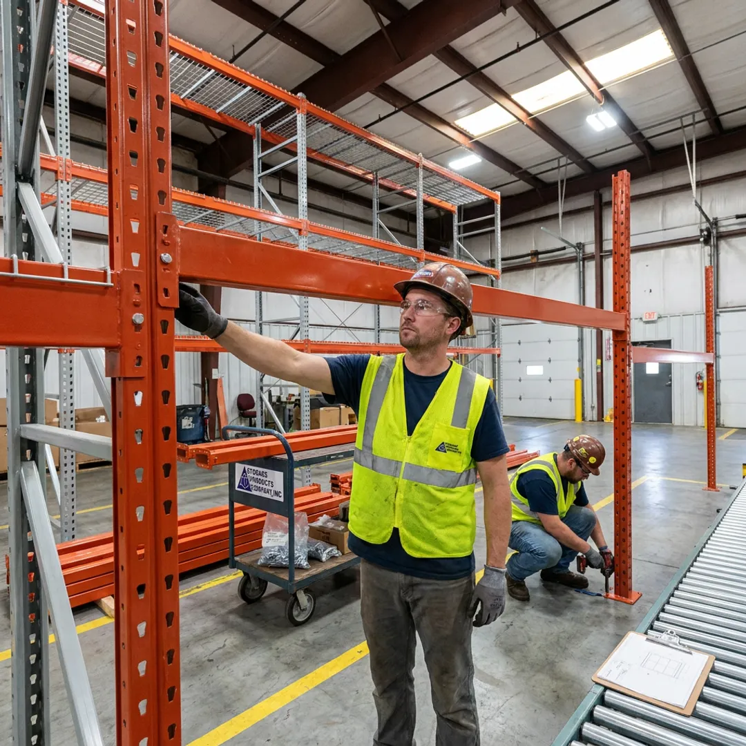 Industrial equipment installers setting up warehouse racking