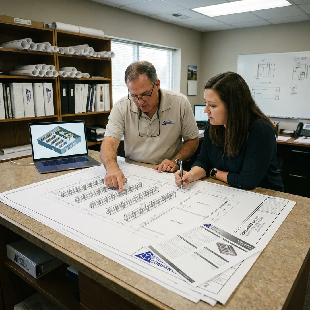 Warehouse design planning meeting with AutoCAD drawings