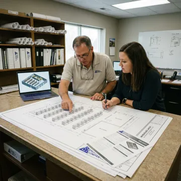Warehouse design planning meeting with AutoCAD drawings