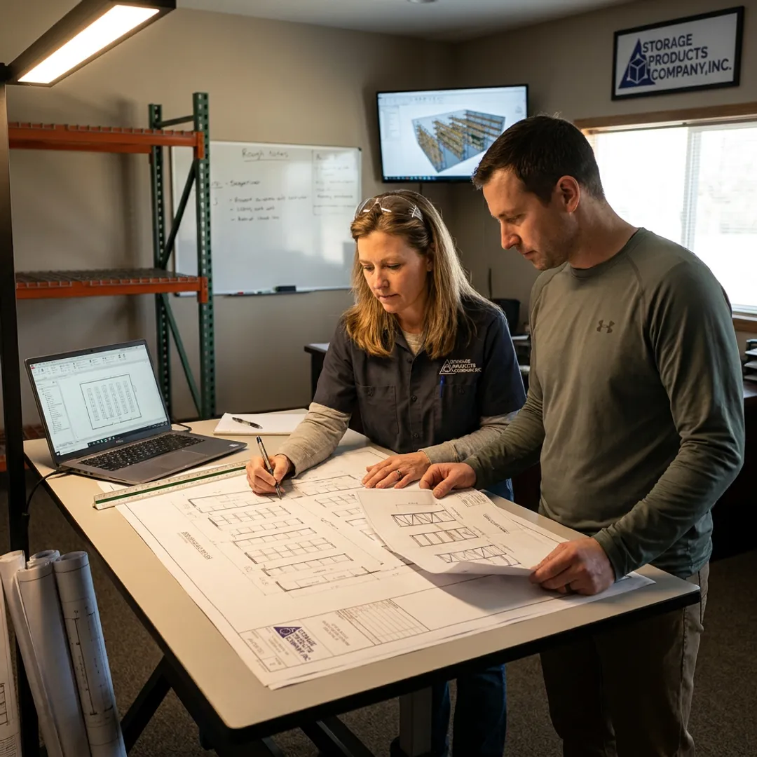 Warehouse design team reviewing layout plans