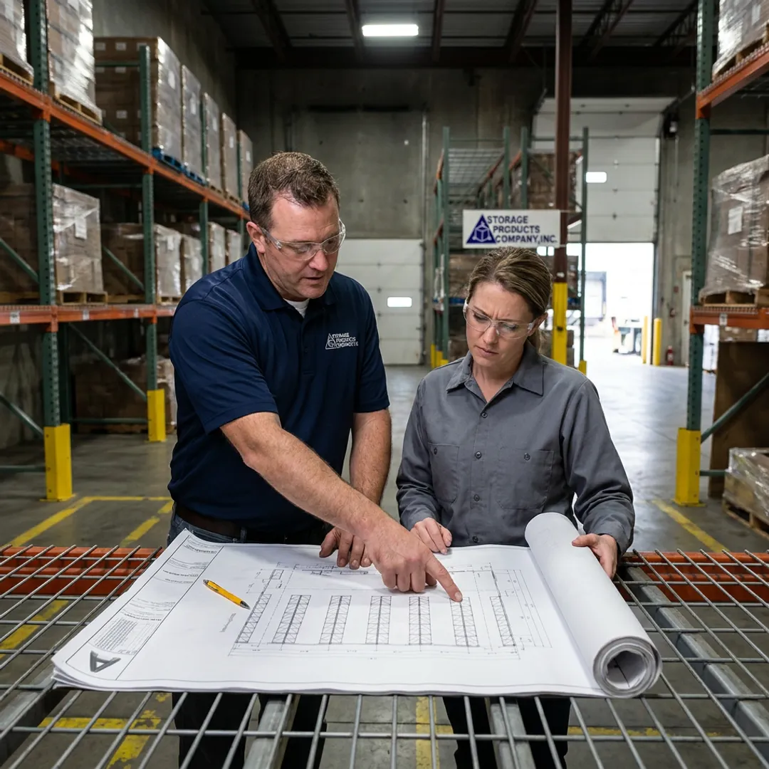 Warehouse team reviewing storage system drawings