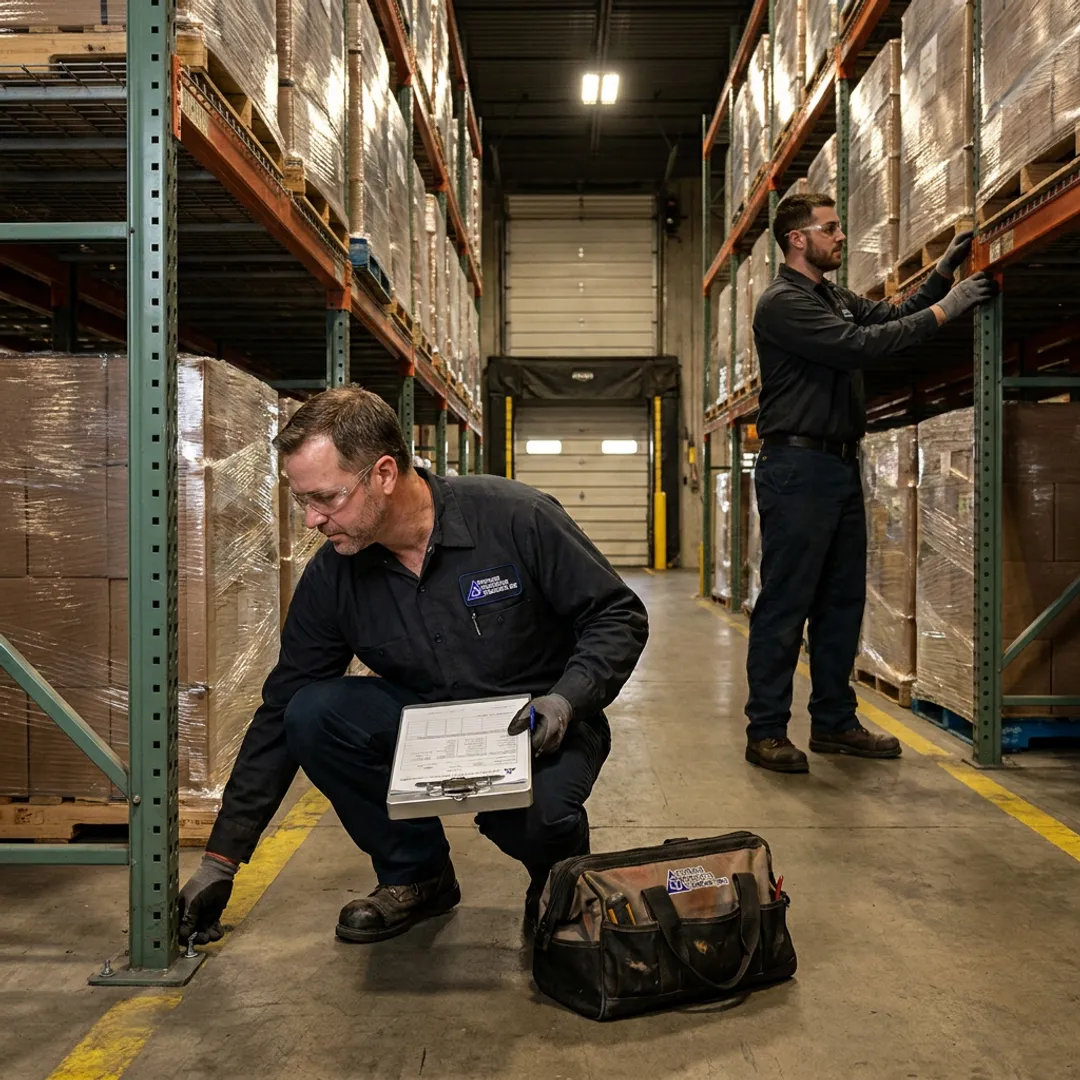 Warehouse maintenance technician checking pallet rack