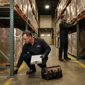 Warehouse maintenance technician checking pallet rack
