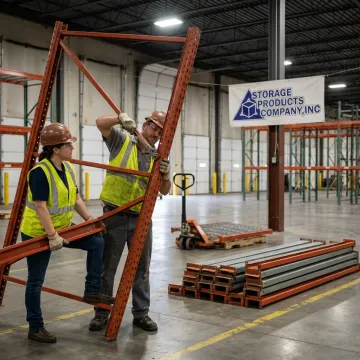 Warehouse equipment removal crew clearing pallet rack