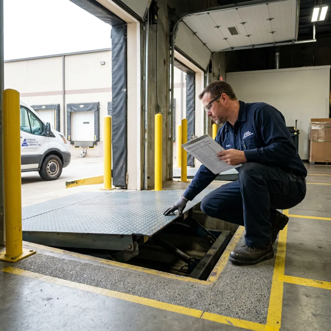 Technician inspecting dock leveler