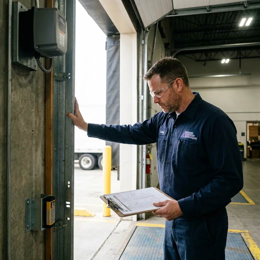 Technician inspecting high speed door components