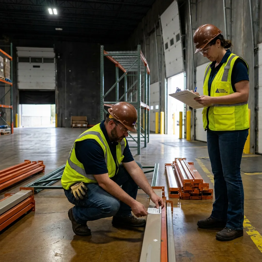 Technicians inspecting pallet rack components