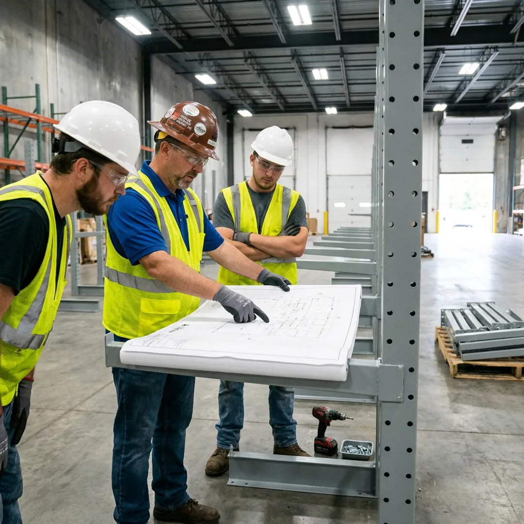 Warehouse team reviewing cantilever rack installation plans