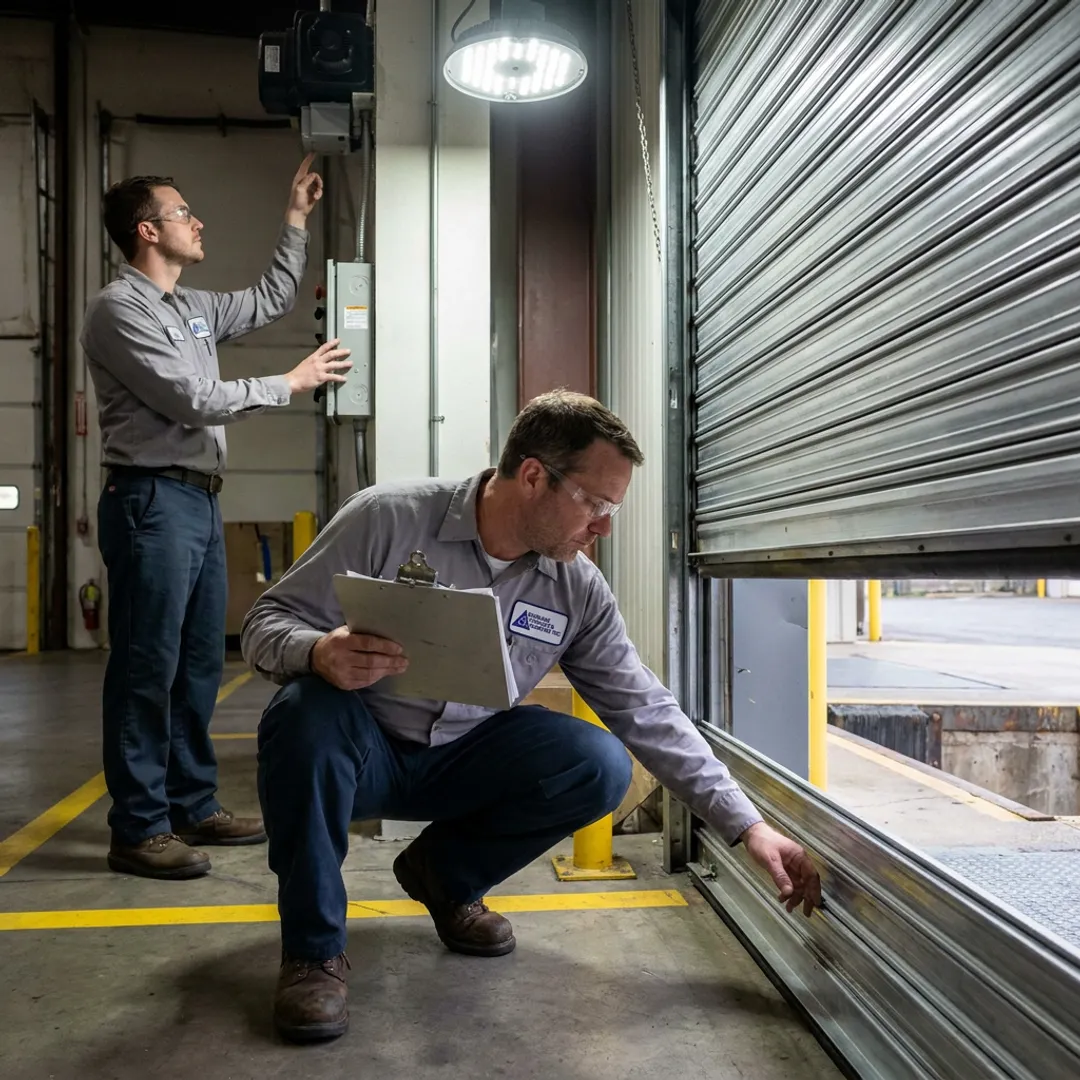 Technician inspecting high speed warehouse door
