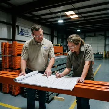 Installers reviewing pallet rack layout plans