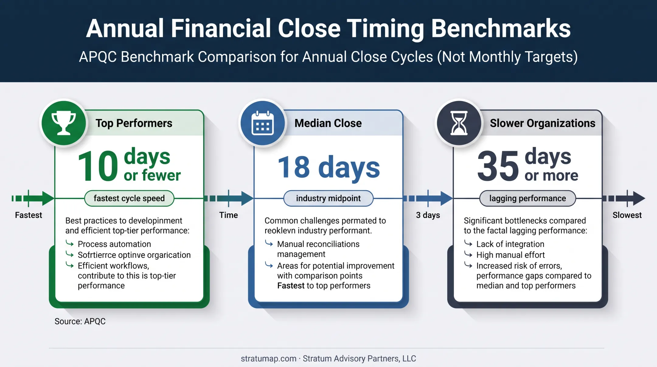 Annual accounting close benchmark showing median and performance ranges