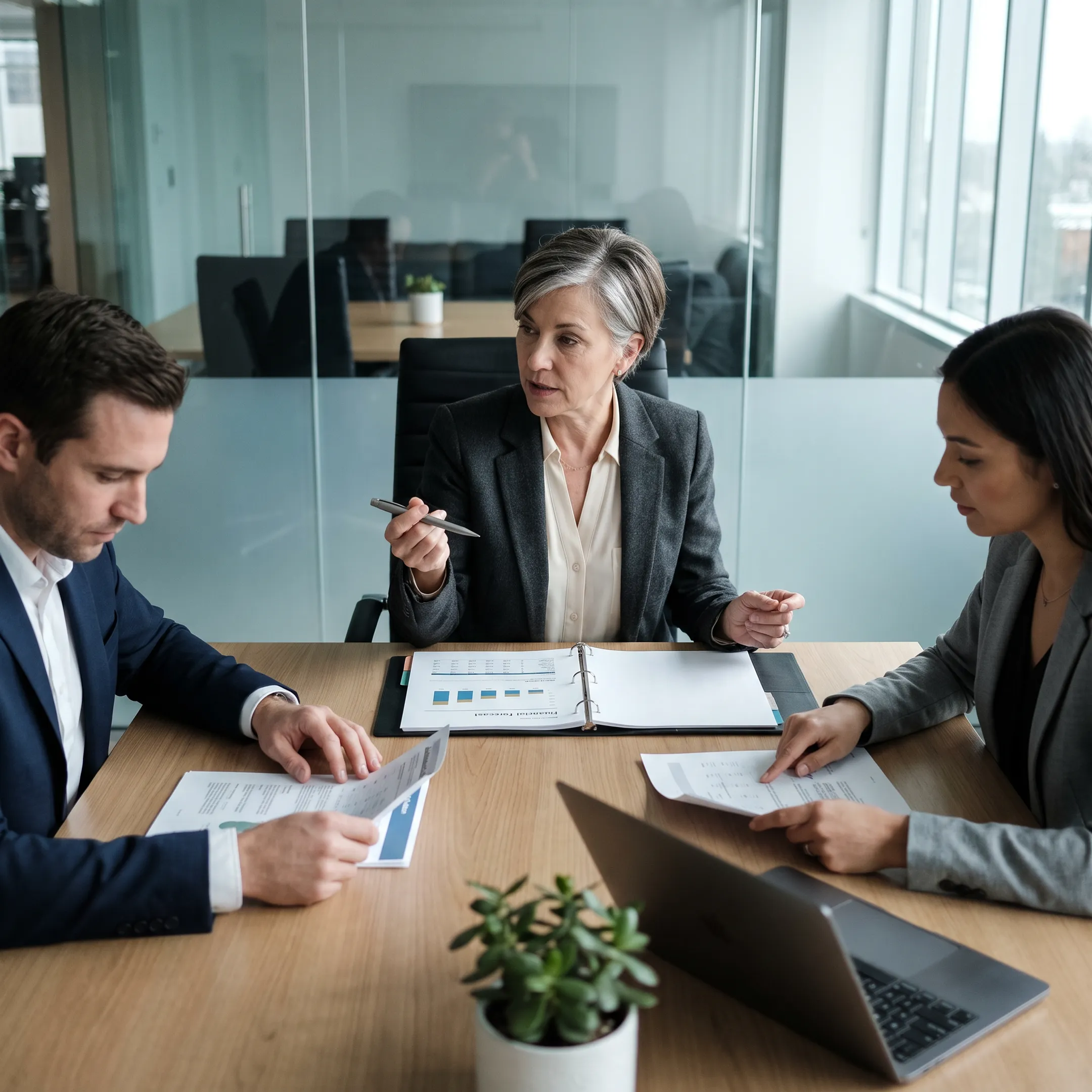 Finance advisor reviewing business reports with company leadership