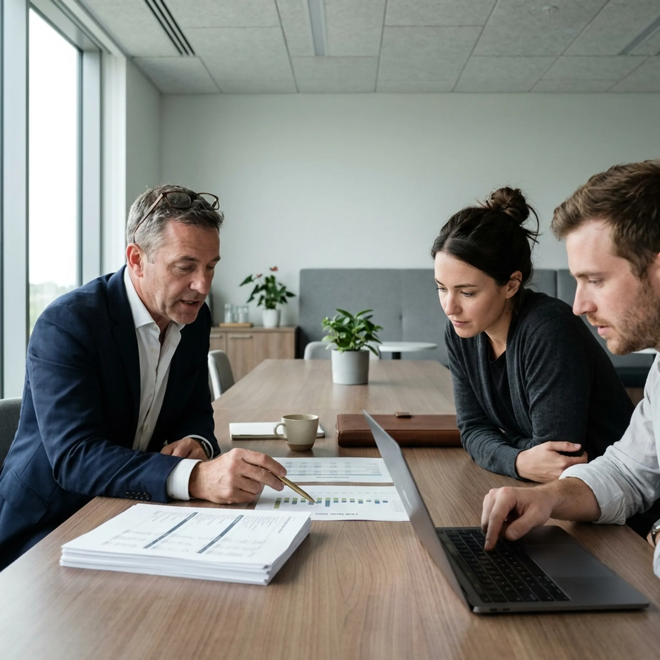 Startup finance team reviewing accounting reports with an advisor