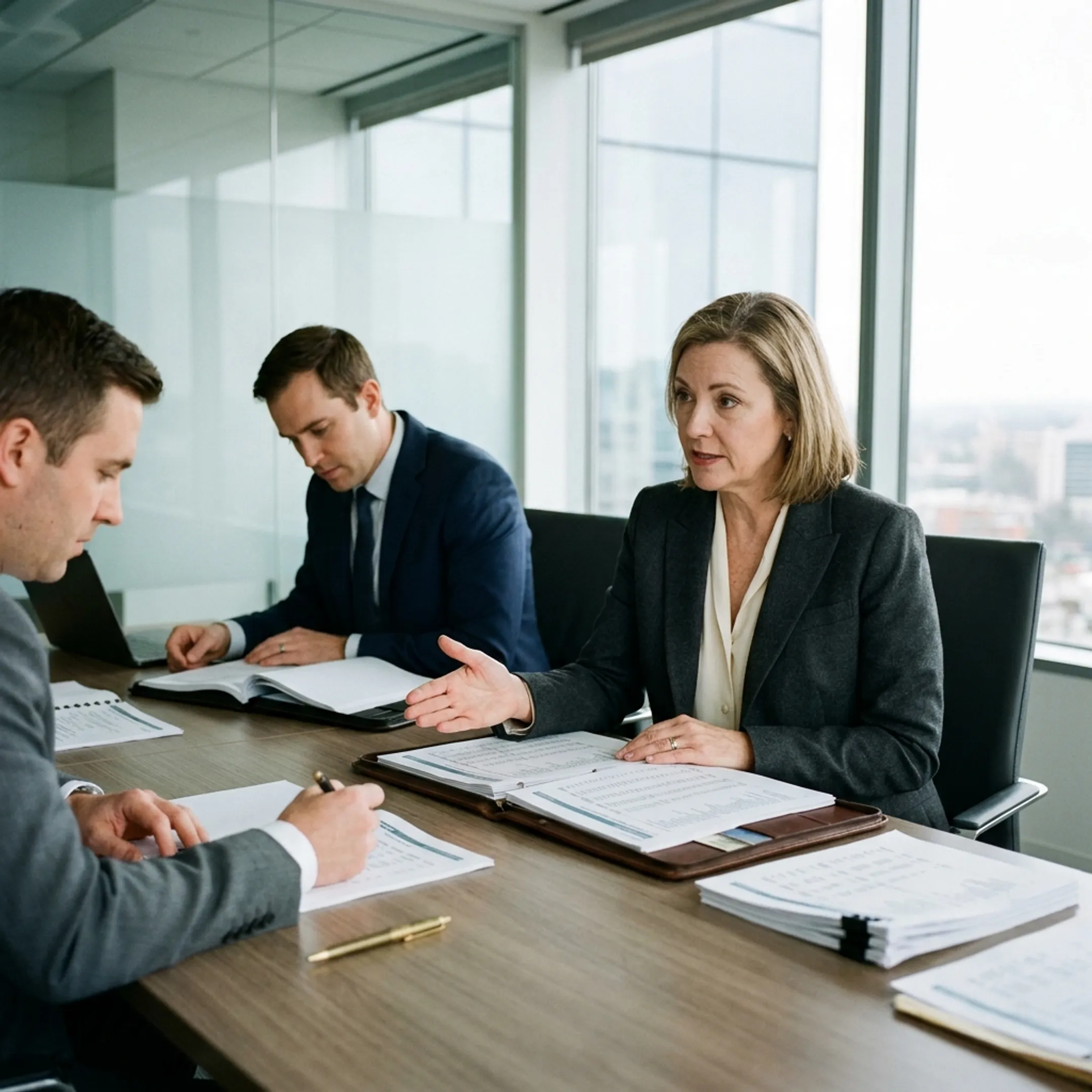 Finance advisers reviewing capital markets accounting documents with executives in a modern office